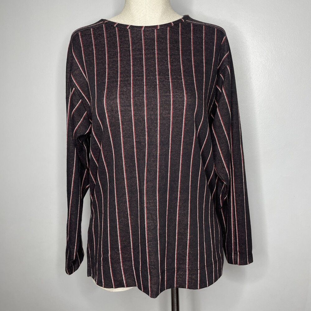 Zara Pullover Top Women Small Black Red Long Sleeve Vertical Stripe Relax Casual